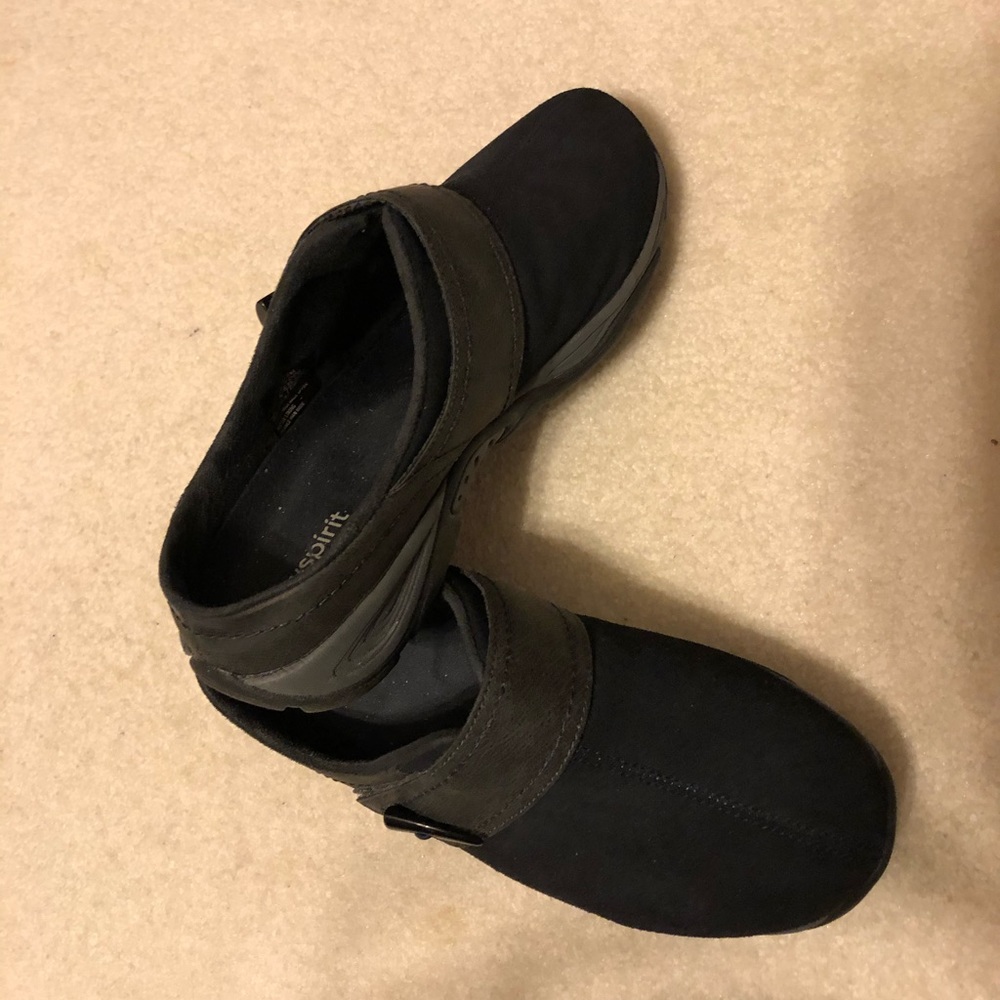 Navy blue suede clogs